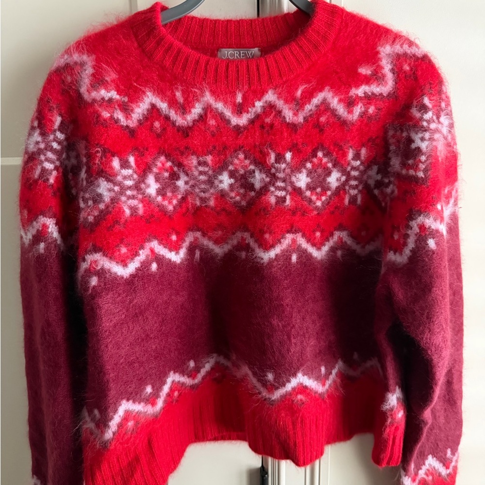 J. Crew Women's Vibrant Red and Burgundy Fair Isle Sweater